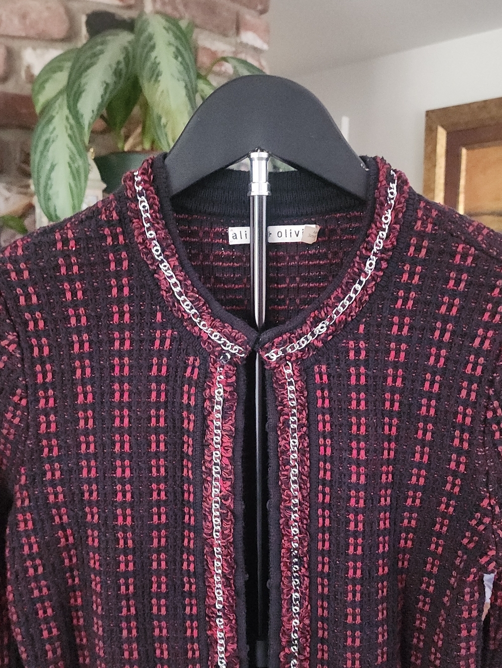 Alice + Olivia Tweed Knit Jacket Burgundy Black Fringe Trim Open Front Blazer - Picture 3 of 12